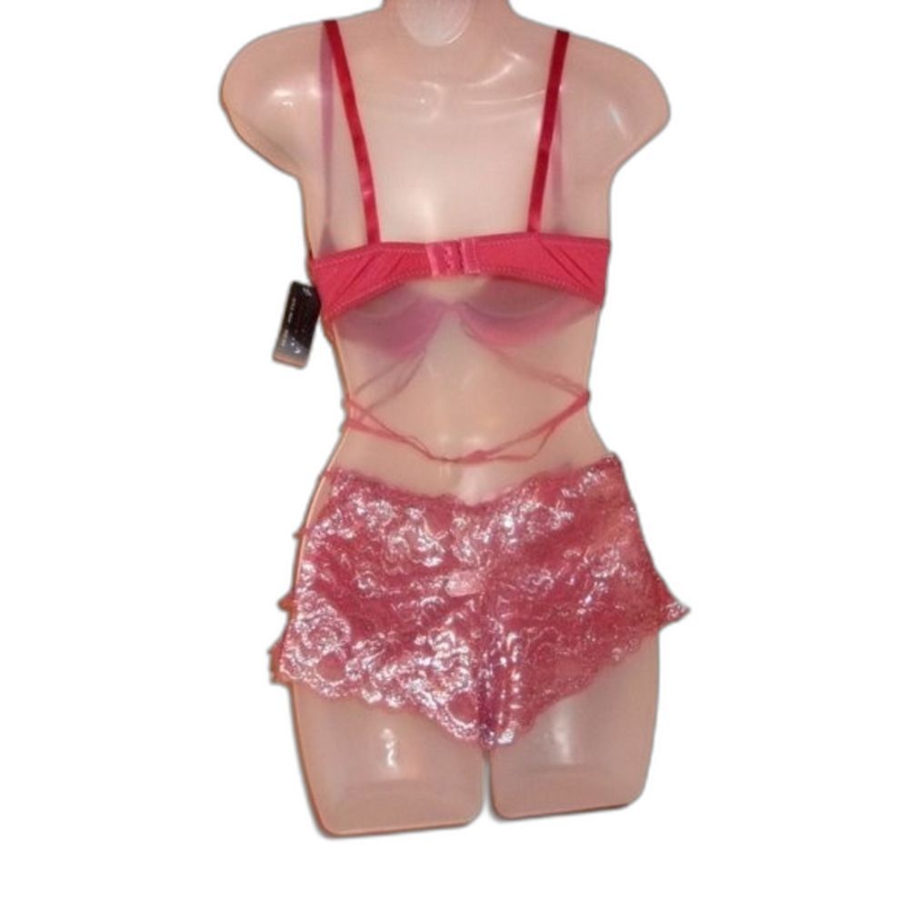 Youmita Mauvewood 34B Metallic Lace Plunge Bra Small Lace Caged Boyshorts NWT - Picture 6 of 14